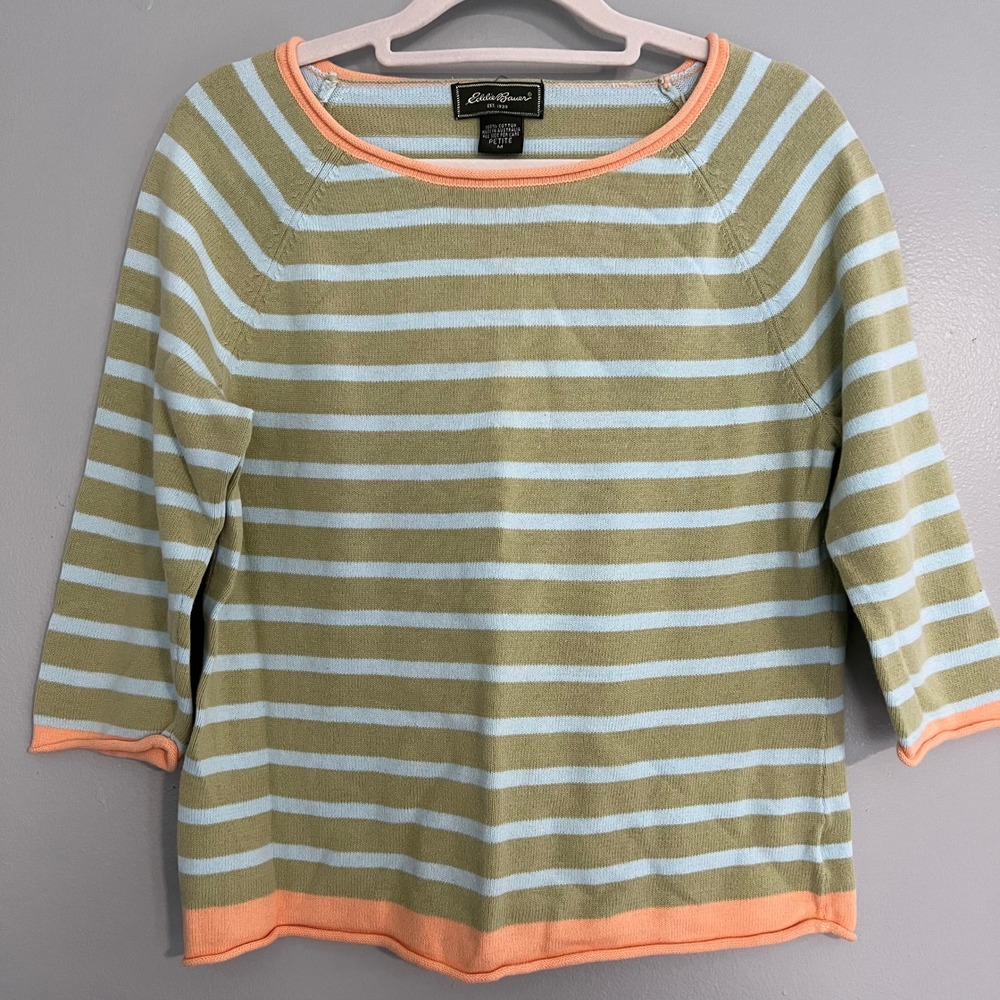 Eddie Bauer Pastel Stripe Cotton Sweater Petite M Preppy‎ coastal granola